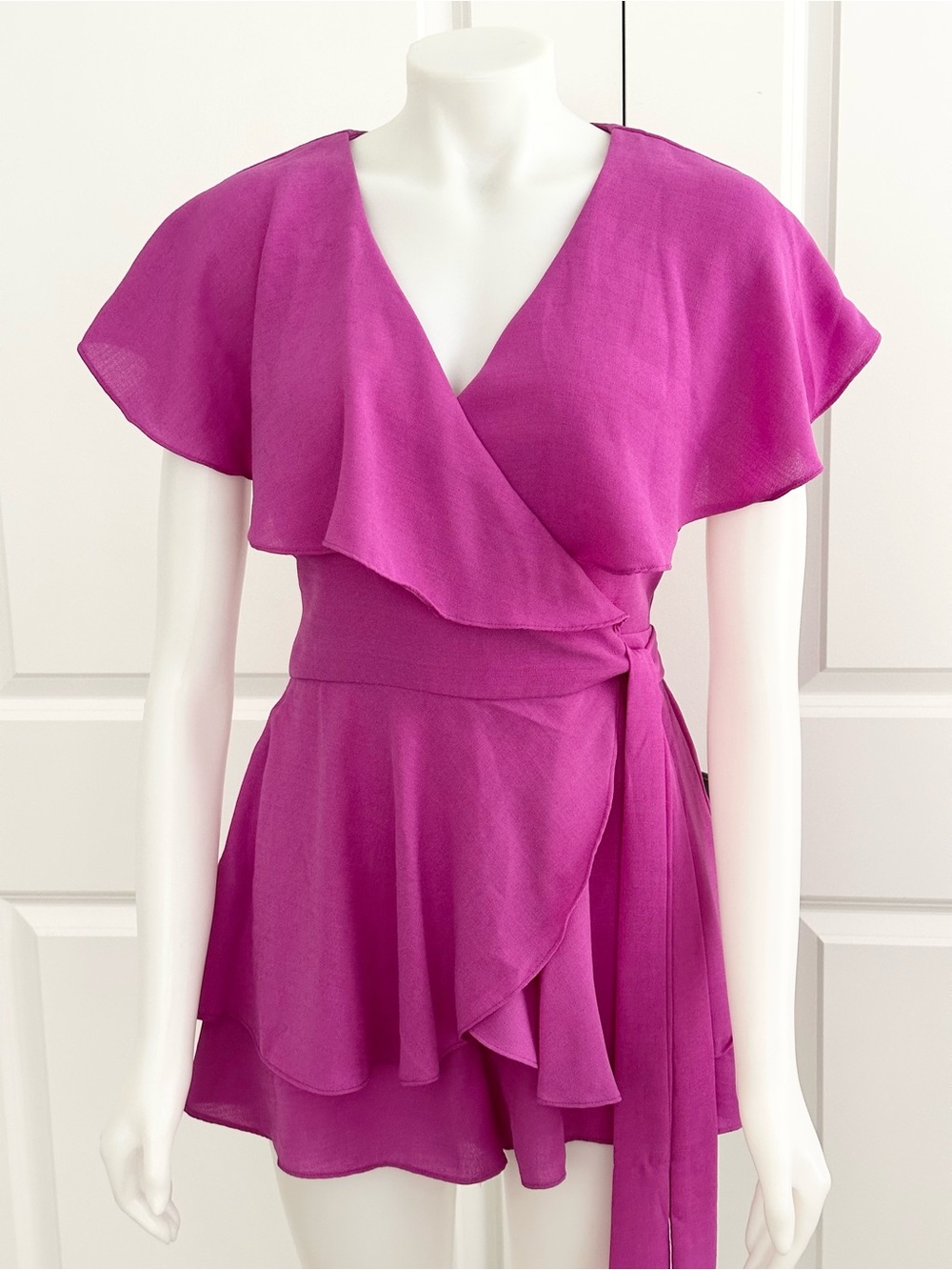 Magenta Pink Ruffle Wrap Front Shorts Romper With Open Back Detail — DO+BE Brand